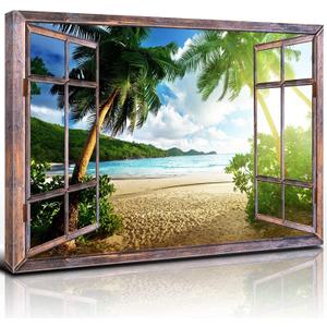 Large Window Beach Canvas Wall Art for Living Room Tropical Ocean Landscape Wall Decor Sunset Palm Tree Pictures Coastal Photo Prints Nature Seascape Artwork for Bedroom Office Home Decorations 32x48"