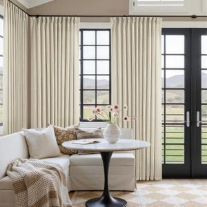 Pinch Pleated Extra Wide Beige Linen Curtain 90 Inches Long 70 Wide 1 Panel | for Patio Sliding Door Living Room, Pinch Pleat with Hooks Rings, Room Divider, Light Filtering Semi Sheer Privacy W70xL90