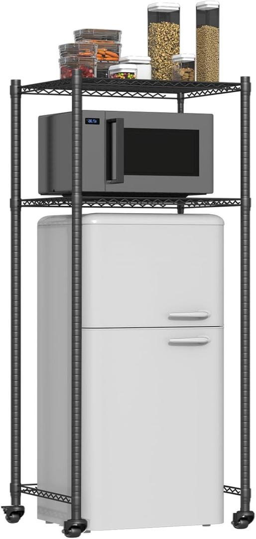 Mini Fridge Shelf with Wheels, Height Adjustable Mini Fridge and Microwave Stand, Over Mini Fridge Storage Rack for Dorm Apartment Kitchen Office Garage, Space Saving, 60x45x140cm