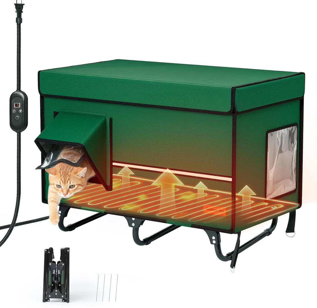 26'' XL Collapsible Heated Cat House - Metal Frame, 100% Insulated Waterproof Outdoor Stray Cat Shelter with Heating Pad & Escape Door,Temperature Control & Timer, Warm Shelter for Cats, Green