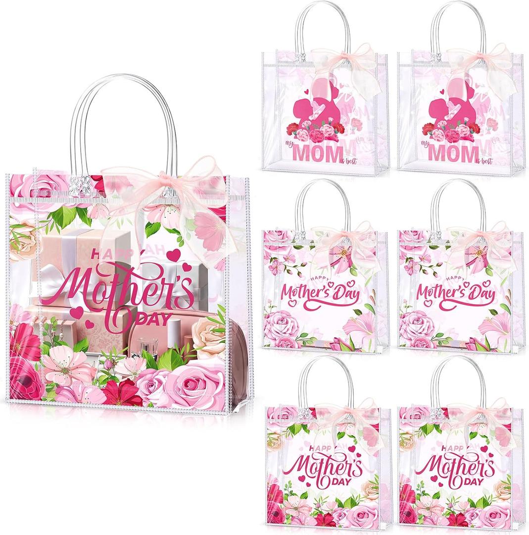 Blosssound 30 Pcs Happy Mother's Day Bags Gift with Handles, Clear PVC Tote Bags with Pink Rose Floral Print & Organza Bow, Reusable Transparent Goodie Bag for Mom Gifts Wrapping Party Favors