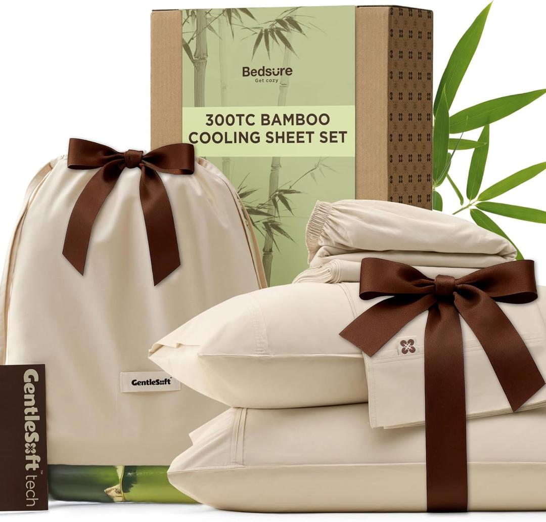 Bedsure Cooling Sheets Queen Size, Rayon Derived from Bamboo & Cotton Blend, GentleSoft, Breathable, Queen Sheet Set, Deep Pocket Up to 18 Inches, Hotel Luxury Bedding for Hot Sleepers, Beige