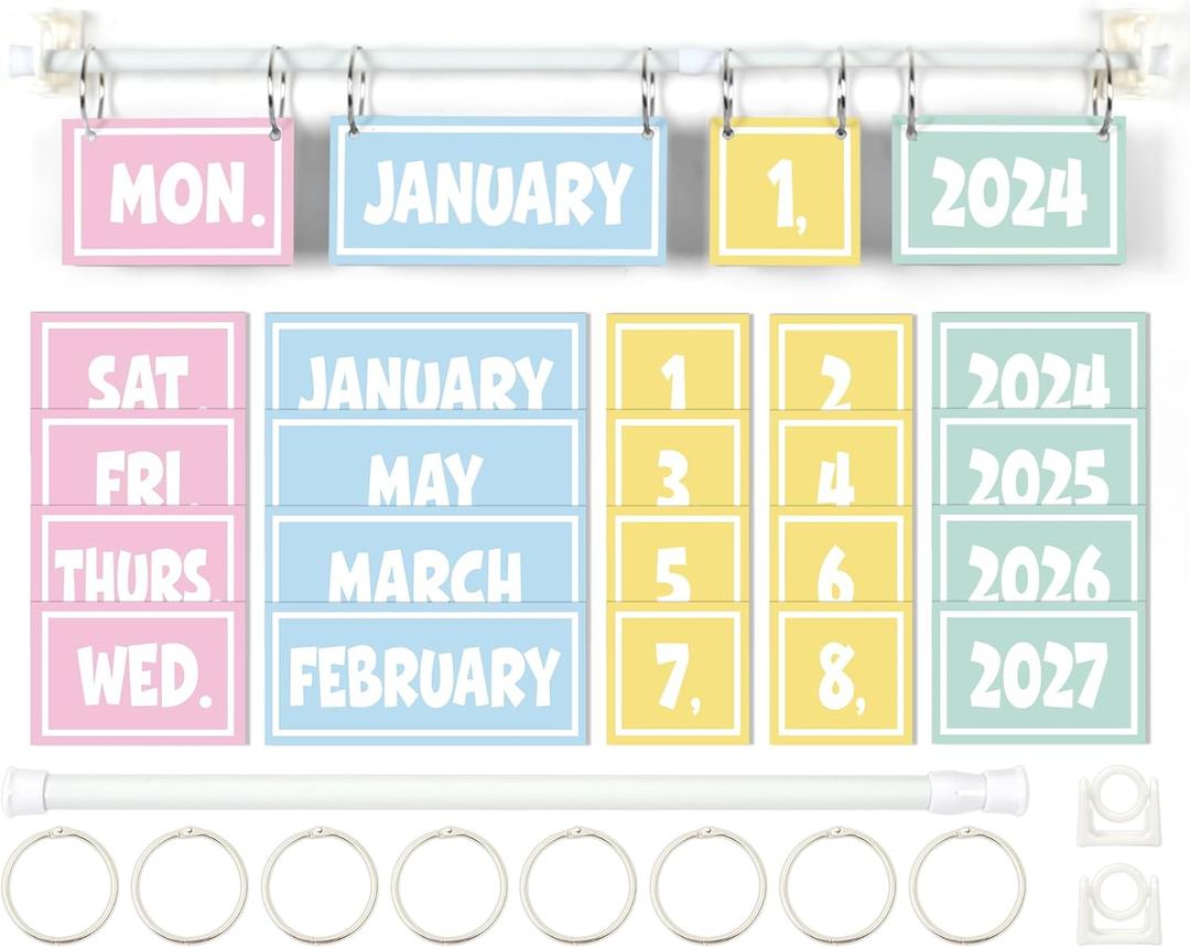 Pastel Calendar Bulletin Board Set Pastel Flip Calendar with Holder Pastel Classroom Decoration with 54 Date Cards Adjustable Calendar Holder for Classroom Home Decor Supplies