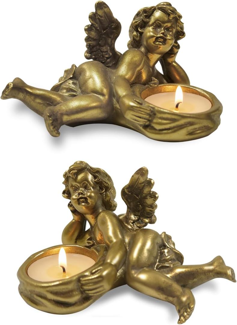 Gold Tea Light Candle Holders, Vintage Tealight Holders, Cherub Decor Angel Votives Candle Stick Holder, Set of 2