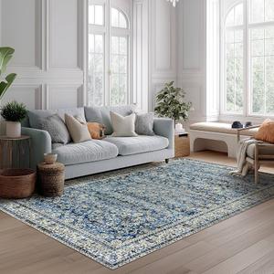 Rugease 5x7 Area Rugs for Living Room Bedroom, Blue Washable Rug, Vintage Retro Boho Rug, Non Slip & Low Pile Faux Wool Thin Carpet for Indoor Dining Room and Kids Room(Blue 5x7ft)