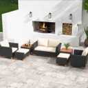 Black 7-Piece Wicker Outdoor Sectional Set with White Cushions