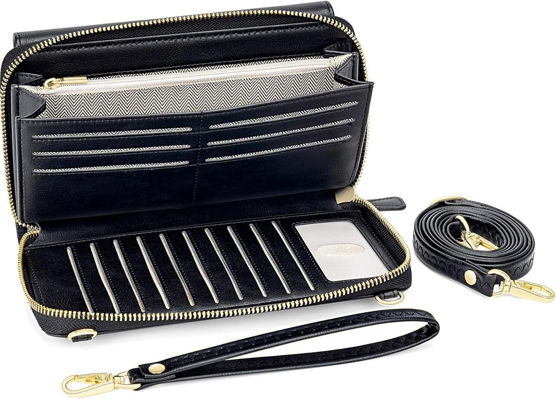 Peacocktion Womens Crossbody Wristlet Wallets with Cell Phone Pocket RFID Vegan Leather Cross Body Purses Travel (01-black)