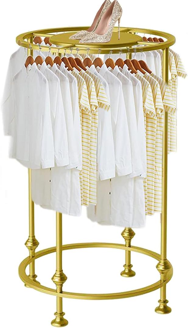 Freestanding Round Garment Display Retail Rack, Floor-Standing Double Space Multi-Purpose Metal Shelf for Clothes Storage, Commercial Clothing Organizer in Retail Boutiques and Bedroom (27.6"x 51.2", Gold)
