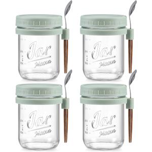 LANDNEOO 4 Pack Overnight Oats Containers with Lids and Spoons, 16 oz Glass Mason Jars with Airtight Lids, Overnight Oats Jars for Milk, Cereal, Fruit-Green