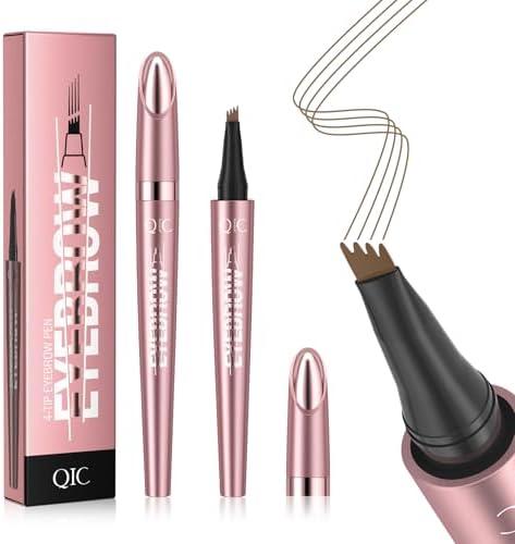 QIC 4-Tip Microblading Eyebrow Pen, Waterproof Brow Marker for Natural Hair-Like Strokes, Quick-Dry Smudge-Resistant, Light Brown