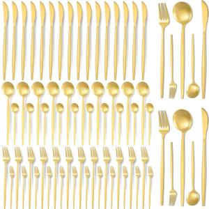 60 Pieces Stainless Steel Tableware Set Silverware Set Flatware Cutlery Utensils Spoon Fork Knives Service for 12 for Home Restaurant Apartment and Kitchens(Gold)