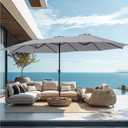PHI VILLA 15ft Large Patio Umbrellas with Base, Outdoor Double-Sided Rectangle Market Umbrella for Pool Lawn Garden, Light Gray