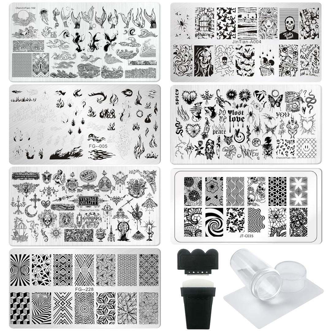 AddFavor Nail Stamping Plate Kit with Nail Stamp and Scraper, 6pcs Fire Skull Nail Stamper Kit for Home Salon Manicure Polish Print Stencils Design Tools