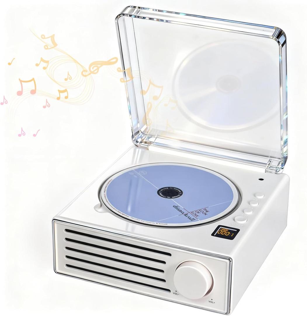 Vintage CD Player with Bluetooth & Type-C - Lossless Audio, 4000mAh Battery, Anti-Skip Protection for Bedtime Stories/Prenatal Education (White)
