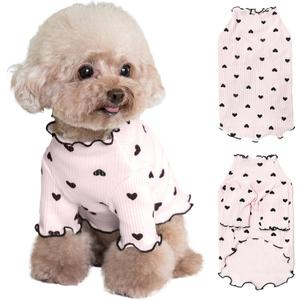 Pet Clothes for Small Dogs Cat Summer Fall Heart Print Shirt Stretchable Ruffle Long Sleeve Outfits for Chihuahua Schnauzer Shih Tzu Yorkie (Pink, Small)