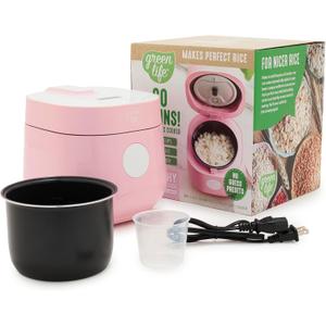 GreenLife Digital Rice Cooker, 2-Cups Uncooked/4-Cups Cooked, Removable Nonstick Ceramic PFAS-Free Pot, One-Touch Presets, Oats, Quinoa, Brown Rice, Auto Keep Warm, Fuzzy Logic Tech, 1.5QT, Pink
