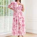 EYWOL Plus Size Wedding Guest Dresses for Women Floral Chiffon Flowy V Neck Maxi Dress with Detachable Tie Smocked Back (Pink)