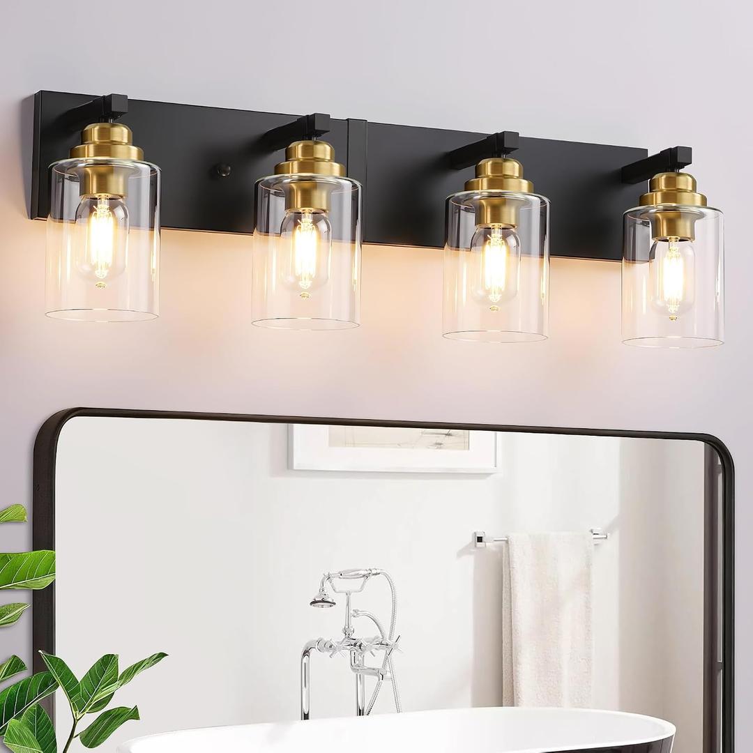 Black and Gold Bathroom Light Fixture, 4 Light Brushed Gold Vanity Light, 27.5" Modern Farmhouse Bathroom Lighting Fixtures Over Mirror, with Clear Glass Shade, Vanity Lights for Bedroom Hallway