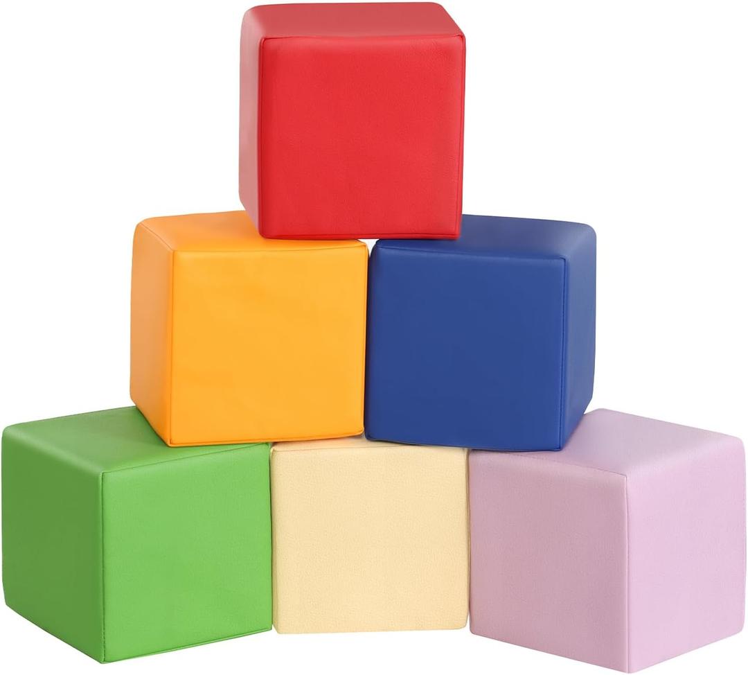 Foam Building Toys for Toddlers: 6Pcs Waterproof PU Leather Soft Foam Blocks - Colorful Large Stacking Blocks - Early Learning Construction Play Set for Kids Indoor Birthday Gift Preschool (Rainbow)
