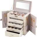 Large Jewelry Box,5-Tier PU Leather Jewelry Organizer with Lock,Multi-functional Storage Case with Mirror,Jewelry Organizer for Bracelets, Earrings, Rings, Necklaces (WHITE)