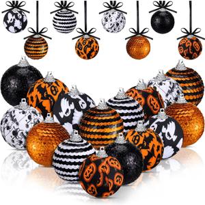 Zeyune 16 Pcs Halloween Ball Ornaments for Tree 2 Inch Halloween Tree Decorations Pumpkin Ghost Bat Spider Glitter Ornaments with Sequins for Holiday Party Decor
