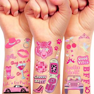 Pink Temporary Tattoos For Kids Girls Women Adults, 108+ 3D Cartoon Flash Metallic Iridescent Glitter Fake Tattoo Stickers, Y2k Pink Birthday Party Favor Supplies Goodie Bags Stuffers Stocking Fillers