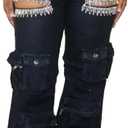 Vakkest Women's Rhinestone Cargo Jeans High Waisted Ripped Distressed Wide Leg Stretchy Denim Pants with Flap Pockets (XX-Large, Black)