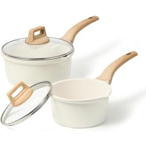 CAROTE 1.5Qt & 3.0Qt Sauce Pan Sets with Lid Cooking Pots Nonstick Saucepans Cookware Set with Pour Spout Small Kitchen Pot, Induction Comptable, Easy to Clean, PFOA FREE (White Granite)
