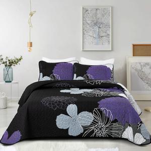 Purple Floral Quilt Set Queen Size - 3 Pieces Purple Flower Pattern Coverlet Set, Soft Microfiber Lightweight Quilted Bedspread for All Season with 2 Pillowcases All Seasons Bed Cover Set 96"x90"