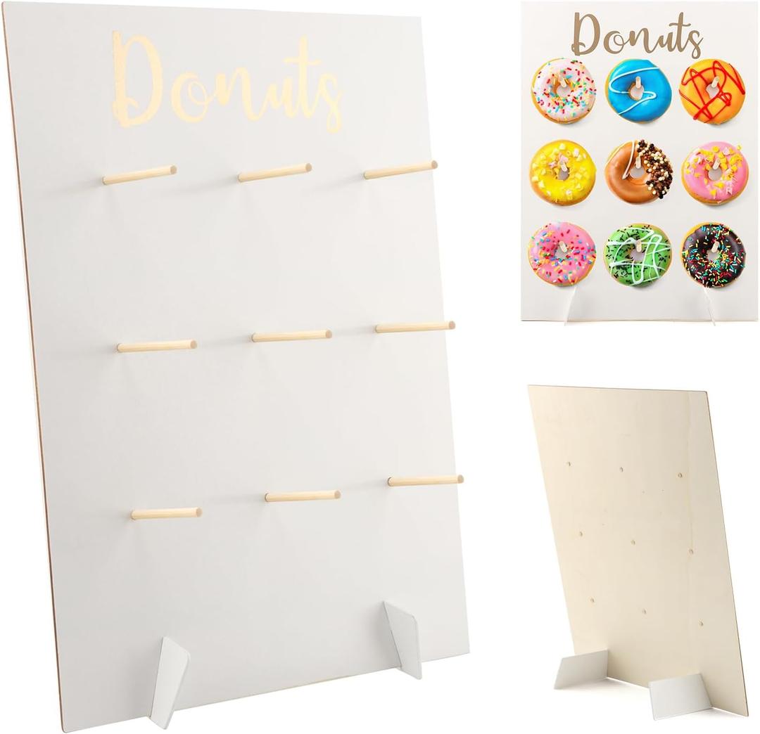 Wooden Donut Wall Display Stand, Donut Peg Board Holds 9 Donuts, Reusable Doughnuts Holder Treat Holder Stand for Birthday, Wedding, Party Event Dessert Table(White)