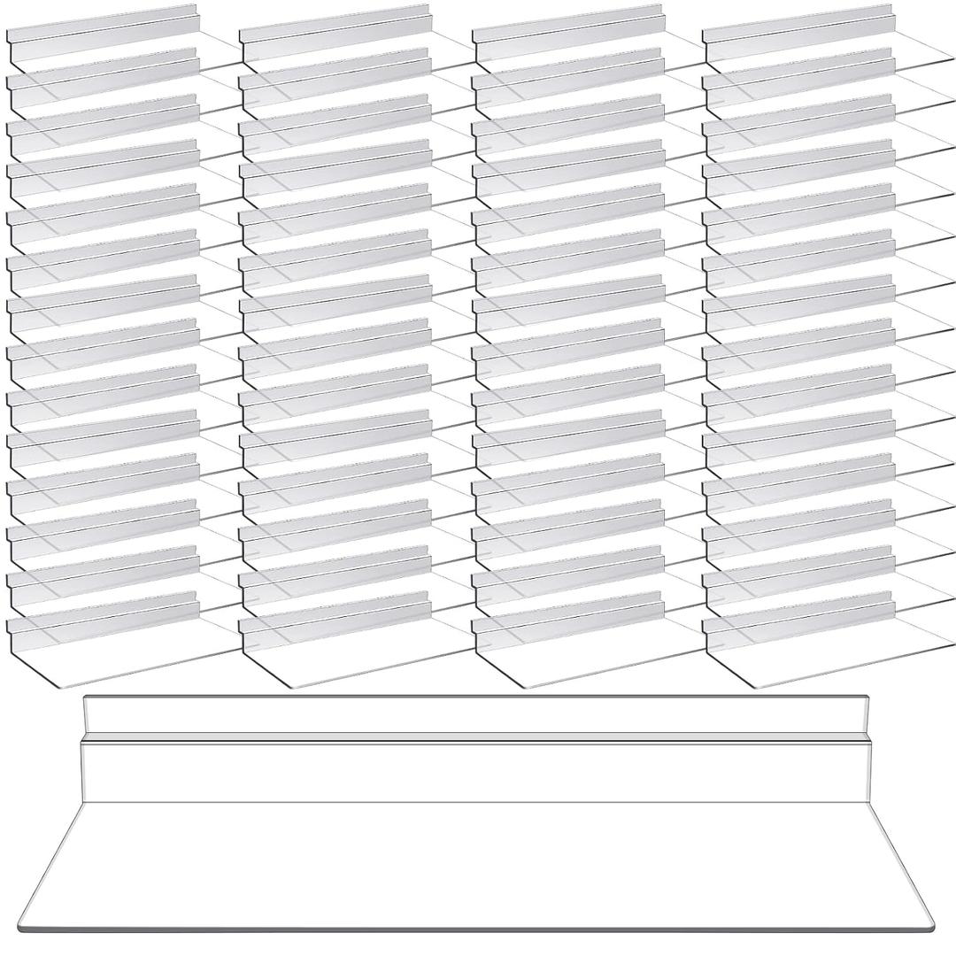Kathfly 100 Pack 4 x 10 Inch Slatwall Shelves Hanging Accessories Clear Slatwall Shelf Plastic Shelves for Wall, Home Shoe Stores Boutiques Supplies (Clear)