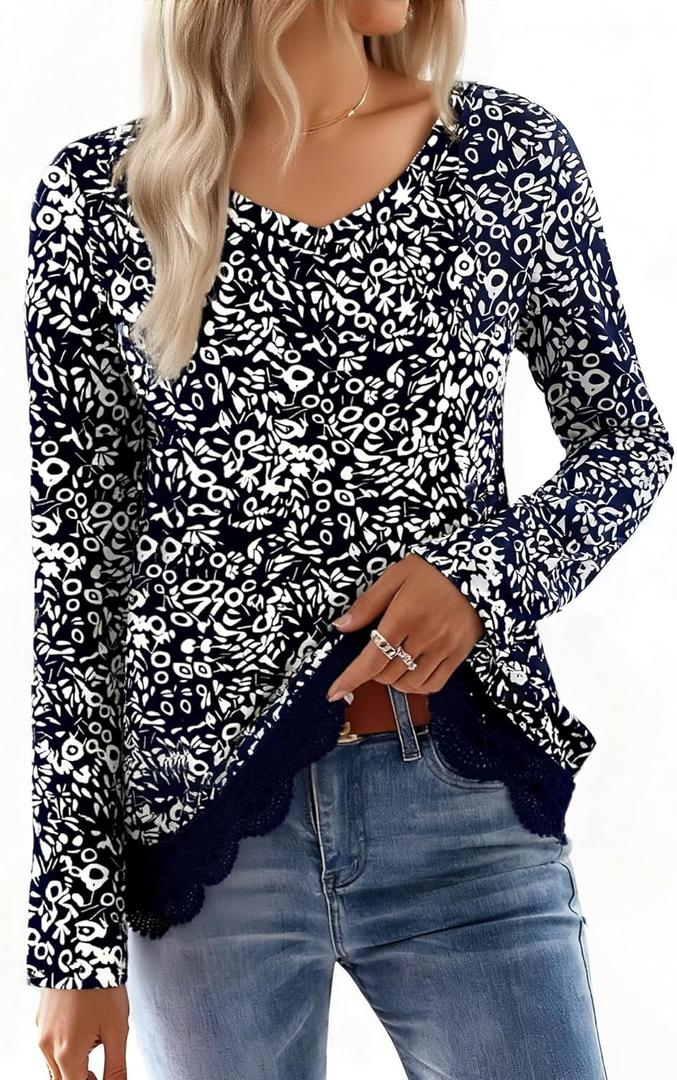 CRAZY GRID Women Casual Long Sleeve Loose Fit Lace Hem Knit Pullover T-Shirt Fall Fashion Blouse for Leggings (XX-Large, A Dark Blue)