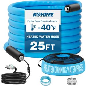 Kohree 25FT Heated Water Hose for RV, -40  Heated Drinking Water Hose 5/8", Heavy Duty Heated Hose for RV, Camper, Truck, Leak Free, Abrasion-Resistant Cover, Energy Saving Thermostat