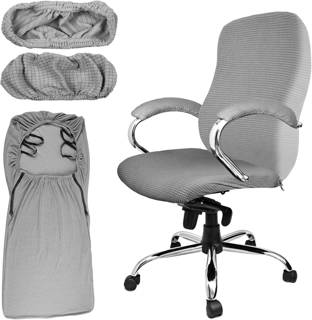 Tatuo 3 Pcs Computer Office Chair Cover Universal Rotating Chair Slipcovers Protector Removable Washable Office Armrest Covers with Zipper for High Back Seat Backrest(L,Waffle,Gray) (Grey)
