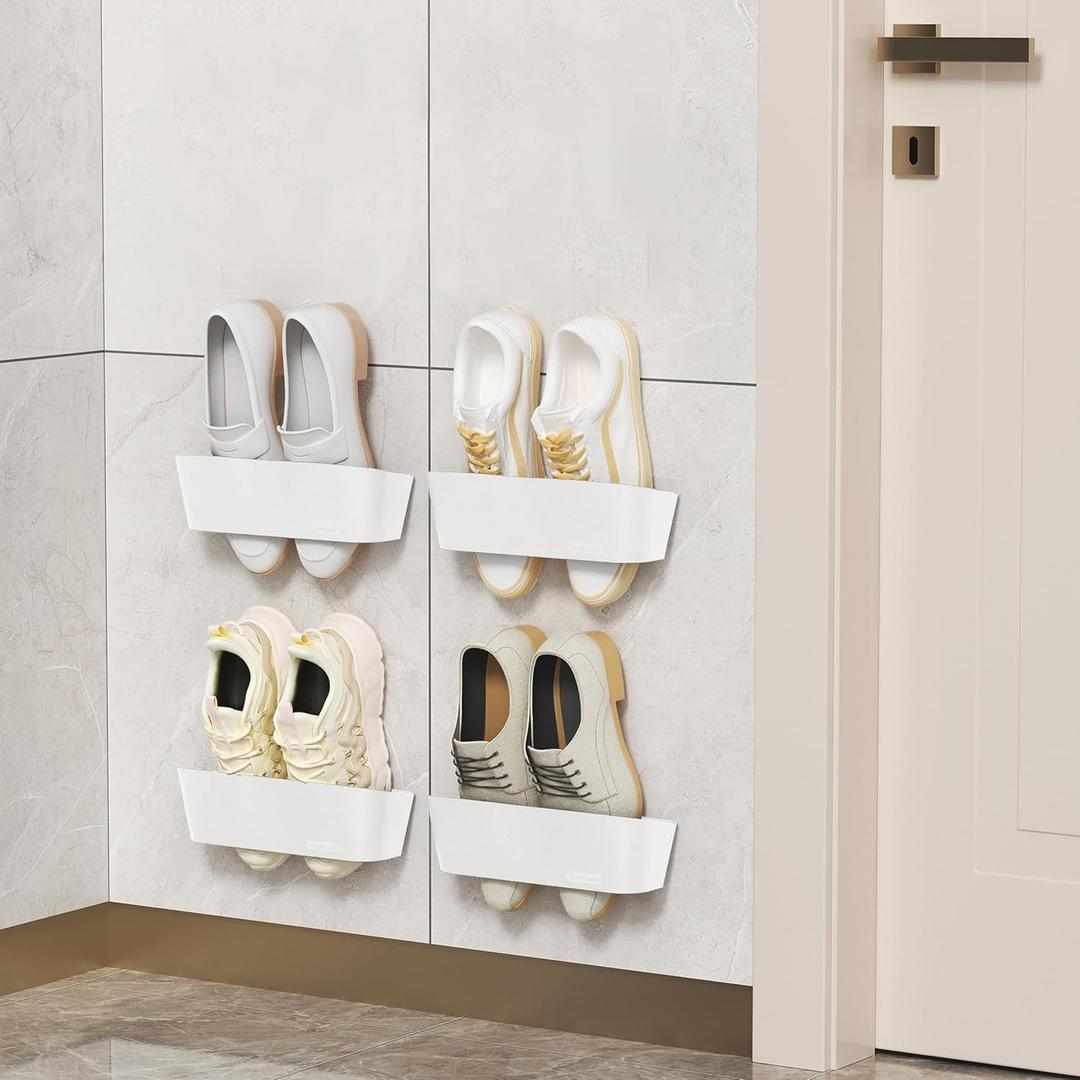 4-Pack Wall Mounted Shoe Rack with Sticky Strips, Space Saving Hanging Shoe Rack, No-Drill Hanging Shoe Shelves, Ideal for RV, Campers, Door, Wall, Closet, White