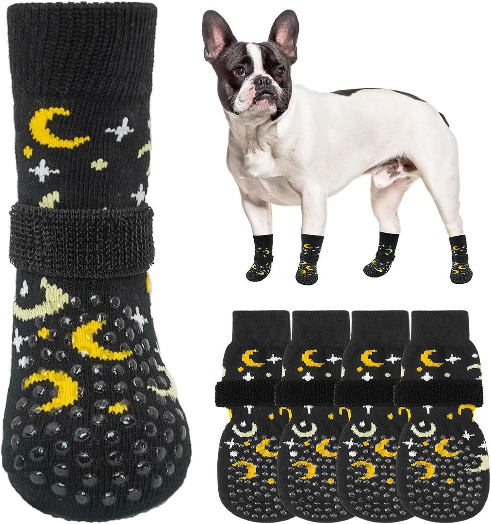 SCENEREAL Anti Slip Dog Socks for Hot/Cold Pavement to Prevent Licking Paws, Dog Grippy Socks for Senior Dogs Hardwood Floors Walking, Pet Boots & Paw Protectors for Indoor Outdoor (S(Pack of 4+2), Black Moon Star)