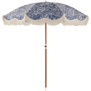 6FT Fringe Beach Umbrella for Sand, Boho Coastal Patio Umbrella with Tassels, UPF 50+ Sun Protection, Tilt, Carry Bag for Beach Vacation & Pool, Reef Indigo
