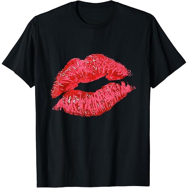 Womens Trendy Large Red Lip Print V-Neck T-Shirt, 2XL