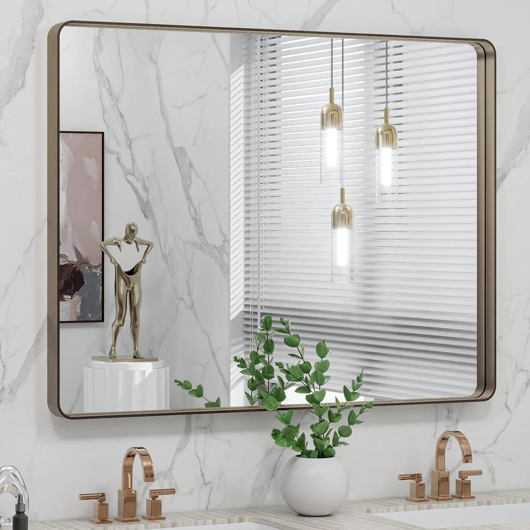 LOAAO 40X30 Bronze Bathroom Mirrors for Vanity, Rounded Rectangle Brushed Bronze Metal Frame Mirror, Anti-Rust, Tempered Glass, Hangs Horizontally or Vertically