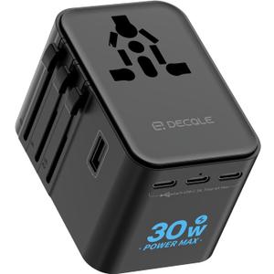 decqle Universal Travel Adapter, International Travel Plug Adapter with 3 USB-C  2 USB-A Ports(Total 30W), All in One Portable Adaptor, for USA, UK, EU, AU  224+ Countries (Black)