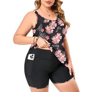 SOTHEA Plus Size Tankini Swimsuit for Curvy Women Bathing Suits Tummy Control Contrast Colors with Pockets Swim Shorts Black Pink Floral 14W