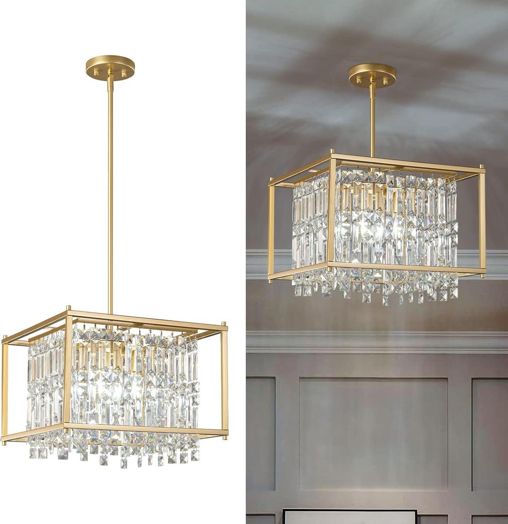 LMQNINE Modern Foyer Chandelier, Gold Crystal Chandelier Entryway Pendant Light Fixture, Square Adjustable Height Chandeliers for Kitchen Island, L15.74'' x H9.84''