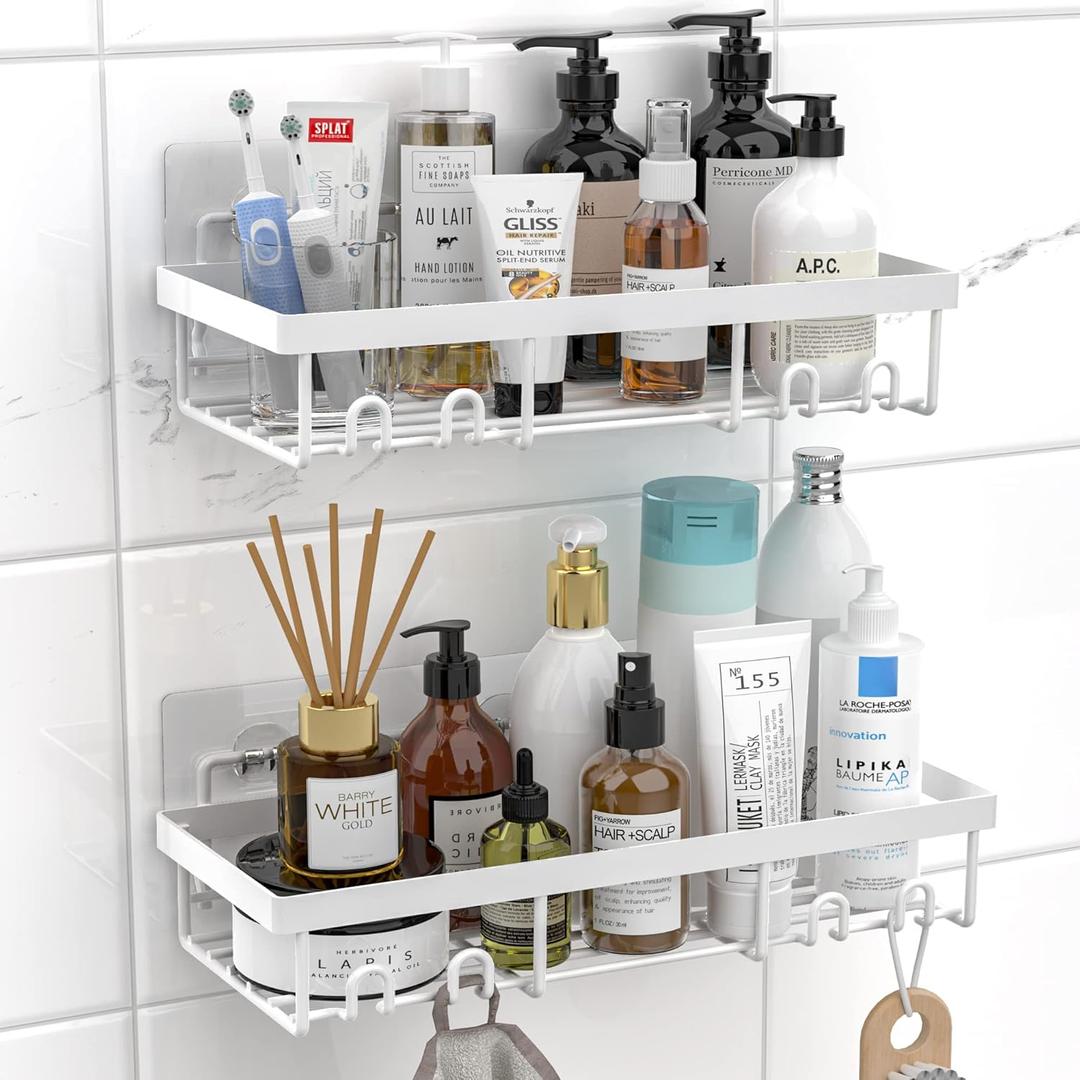 Moforoco Shower Caddy Shelf Organizer Rack, Self Adhesive Black Bathroom Shelves Basket, Home Farmhouse Wall Inside Organization and Storage Decor Rv Accessories, First Camper Apartment Essentials (White)