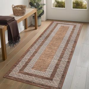 GarveeHome 2.5x8 Modern Bordered Runner Rug Soft Non Slip Washable Floor Carpet Distressed Geometric Hallway Indoor Printed Rug for Kitchen Entrance, Dark Brown
