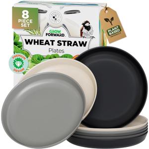 Grow Forward Premium Wheat Straw Plates - 10 Inch Reusable Hard Plastic Dinner Plates Set of 8 - Unbreakable & Microwave Safe Dishes for Dessert, Camping, RV, Outdoors, Patio, Kitchen - Moonlight