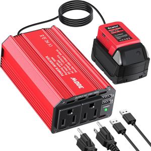 Ecarke 300W Portable Power Inverter Compatible with Milwaukee 18V Battery, DC 20V to AC 110V Power Station with 2 AC Outlets, 3 USB Ports & 1 Type-C 18W, for Camping RV Emergency Use (No Battery) (Red)