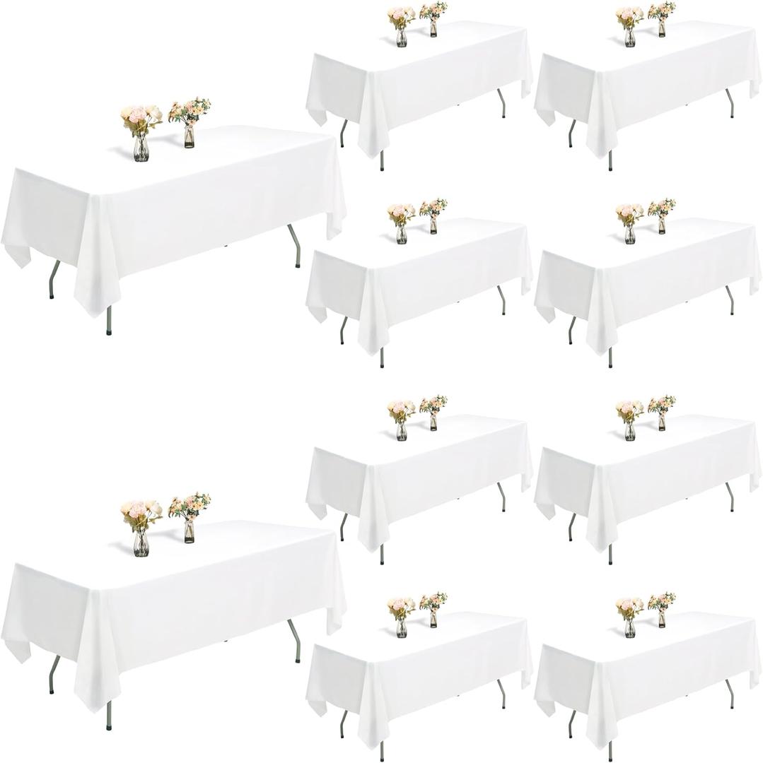 White Table Cloth Rectangle 10-Pack, 60x126 Inch Table Cloths for 8 Foot Rectangle Tables, Heavy-Duty Polyester Fabric - Stain Resistant Reusable & Washable