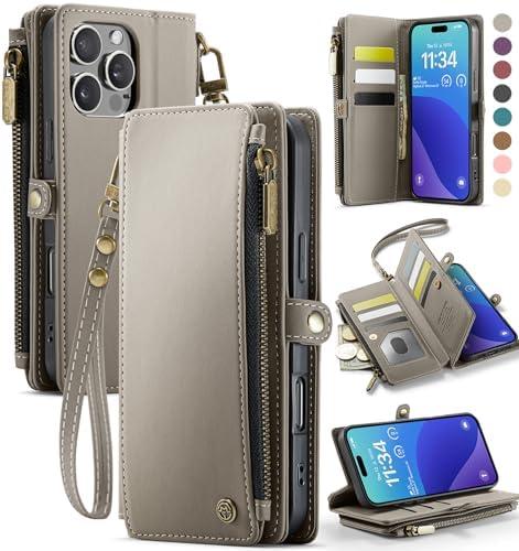 Defencase Compatible with iPhone 16 Pro Case Wallet with RFID Blocking Card Holder for Women Men, Soft PU Leather Magnetic Snap Flip Zipper Strap Wallet Phone Case Fit for iPhone 16 Pro 6.3", Grey