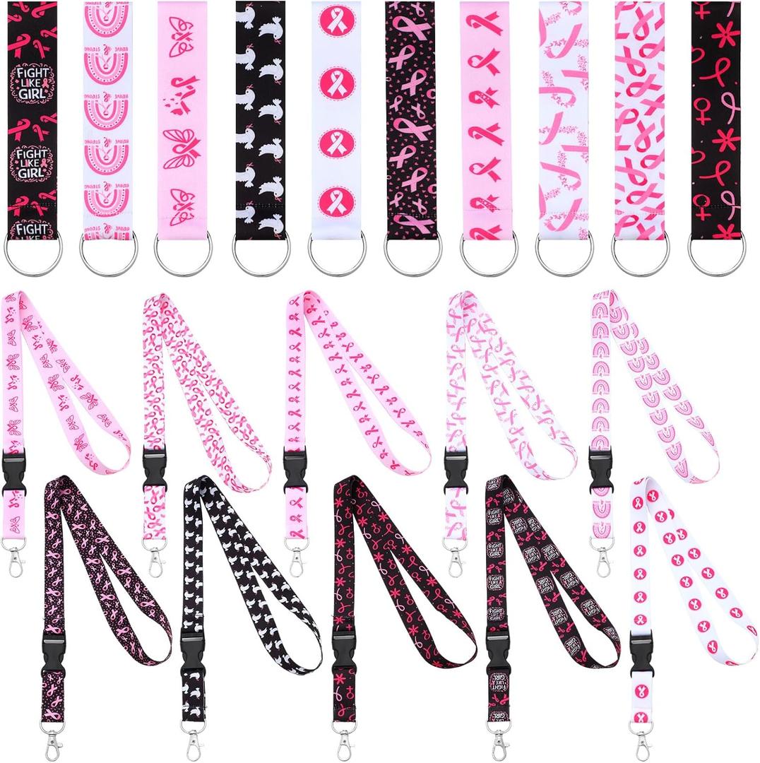 Ctosree 20 Pcs Breast Cancer Awareness Lanyards Silicone Keychains Pink Ribbon Wrist Neck Lanyard for Men Women Wristlet Strap Breast Cancer Survivor Inspirational Gift for Women