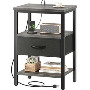 SUPERJARE Nightstand with Charging Station, Bed Side Table with Adjustable Fabric Drawer, Night Stand for Bedroom, 3-Tier Storage End Table, for Living Room, Charcoal Gray